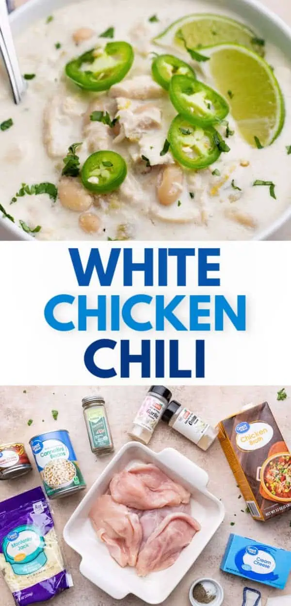 Ingredients for creamy white chicken chili including chicken, cannellini beans, and broth, all set for a hearty crockpot meal.