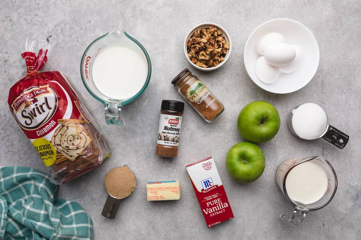 Ingredients for apple cinnamon bread pudding.