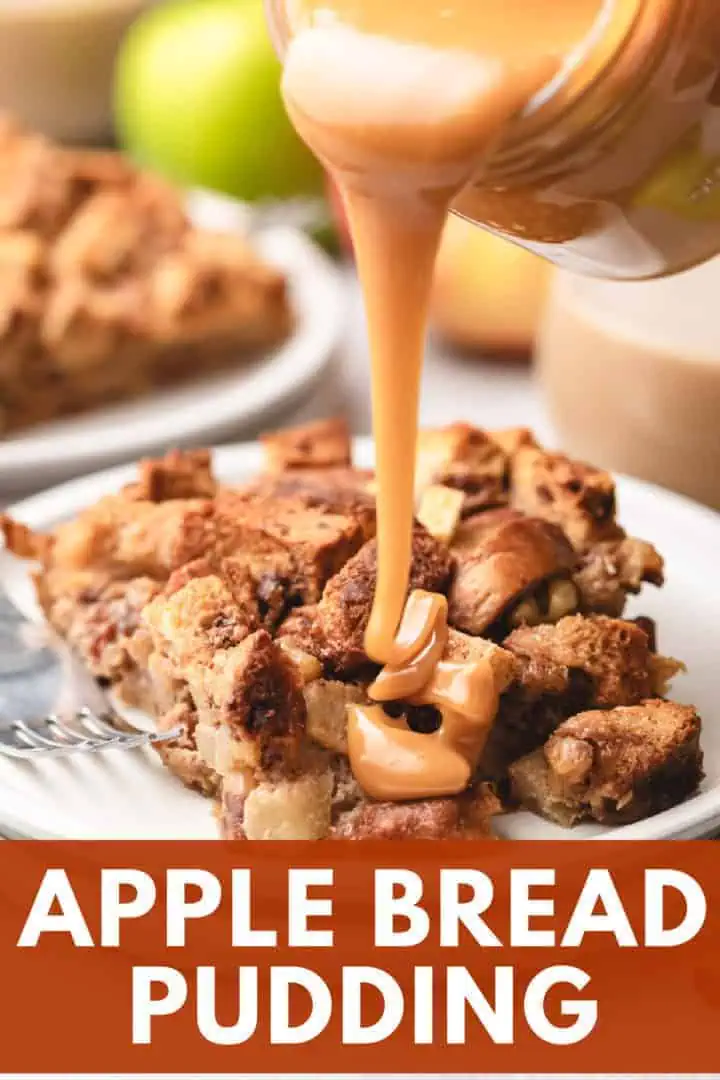 Bread pudding being tossed with caramel sauce.