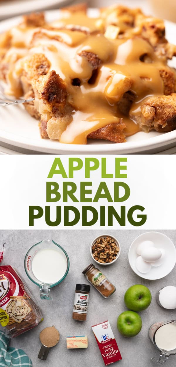 Collage showing bread pudding and the ingredients needed to make bread pudding.