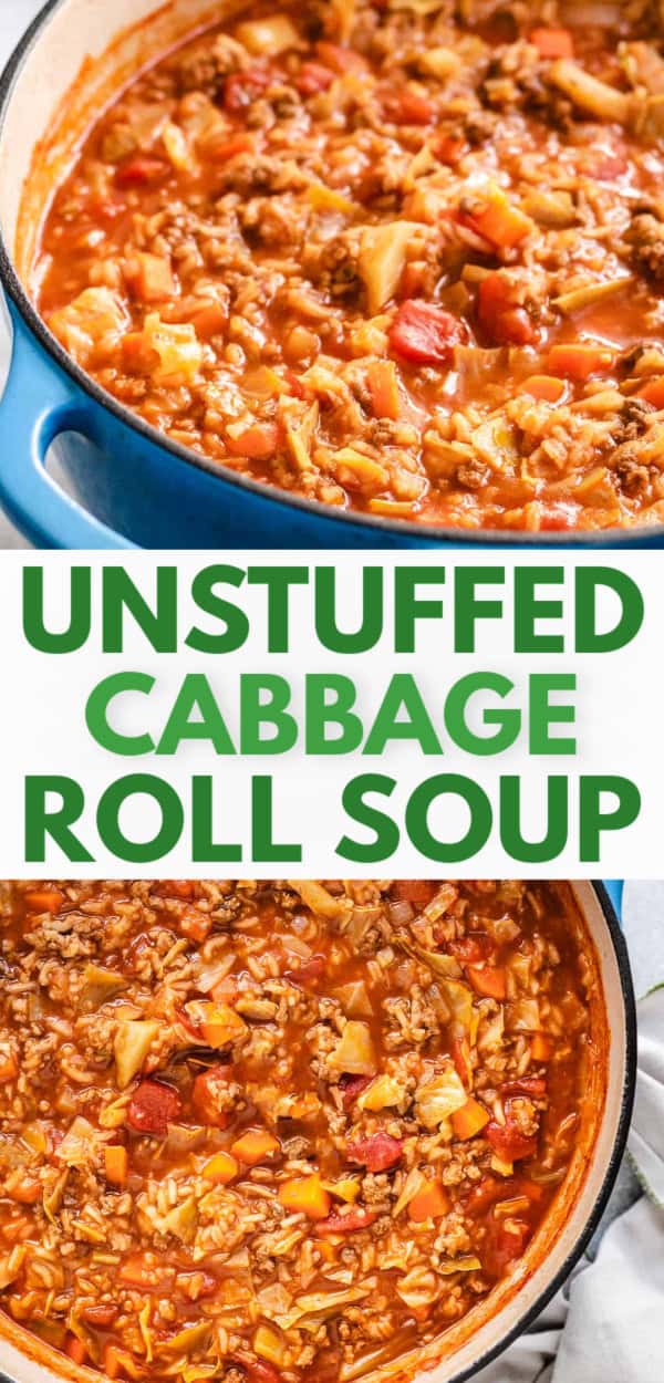 A close-up of a rich and hearty cabbage roll soup in a blue pot, showcasing a delicious combination of ground meat, cabbage, and tomato broth, perfect for a cabbage stew recipe or a hearty soup recipe.