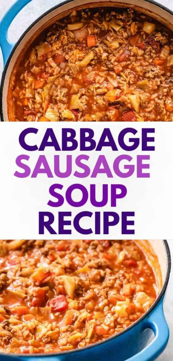 A flavorful unstuffed cabbage roll soup with ground sausage, cabbage, and vegetables simmering in a tomato-based broth, ideal for those following a cabbage soup diet recipe or seeking good hearty soups.