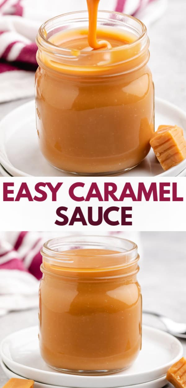 A jar of smooth caramel sauce with caramel squares beside it.