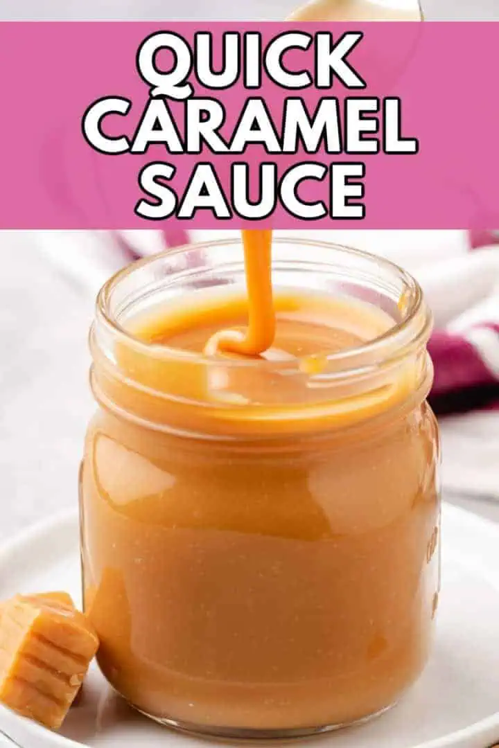 A close-up of thick caramel sauce in a jar.