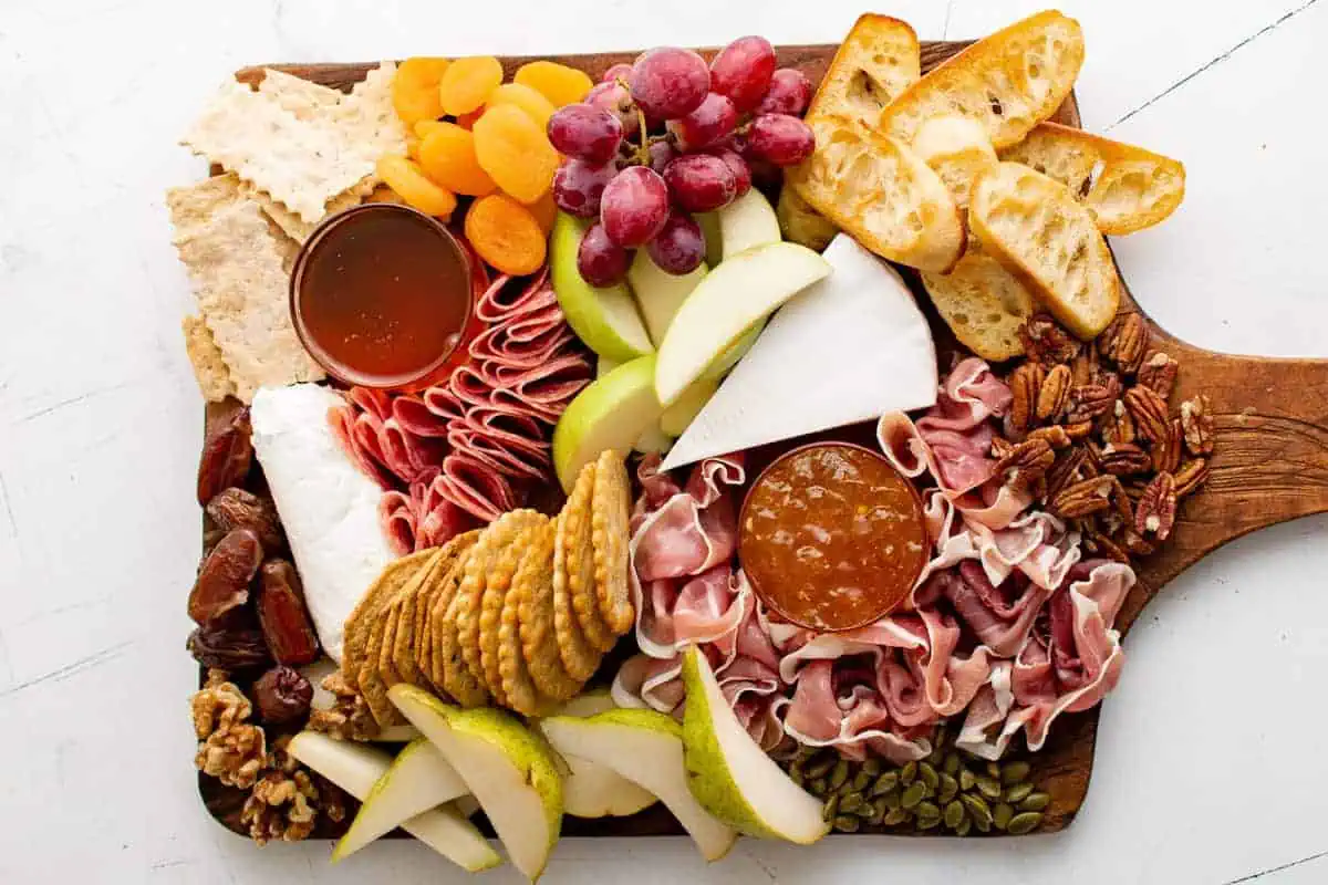 Top down view of a fall themed charcuterie board.