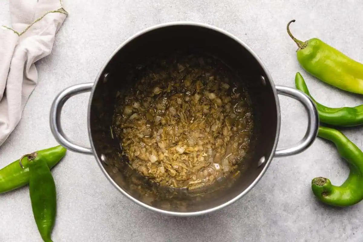 A pot of hatch green chile sauce.