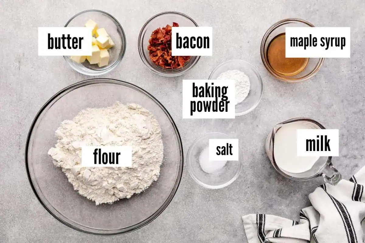 Ingredients used to make maple bacon biscuits with each ingredient labeled.