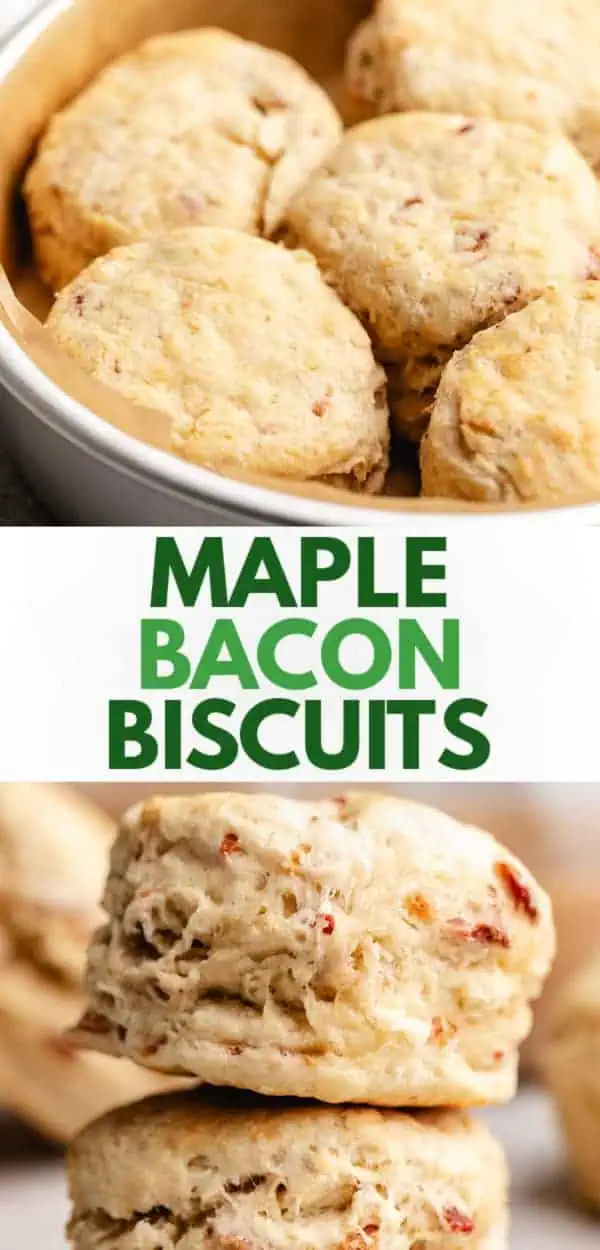 Two photos of maple bacon biscuits in a collage.