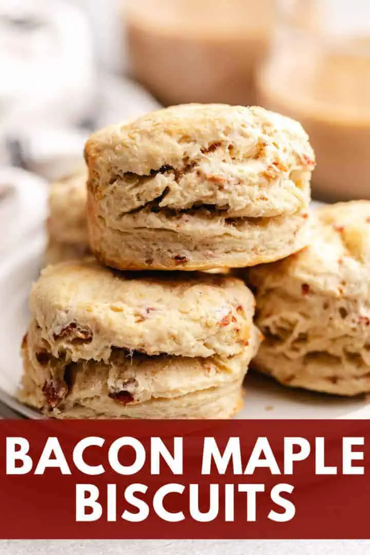 Plate piled with bacon and maple biscuits.