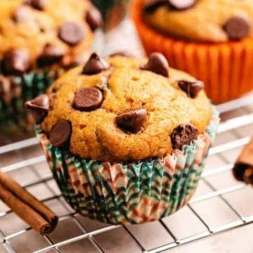 Homemade pumpkin chocolate chip muffins recipe, featuring spiced pumpkin and rich chocolate chips for the best fall baking recipes.