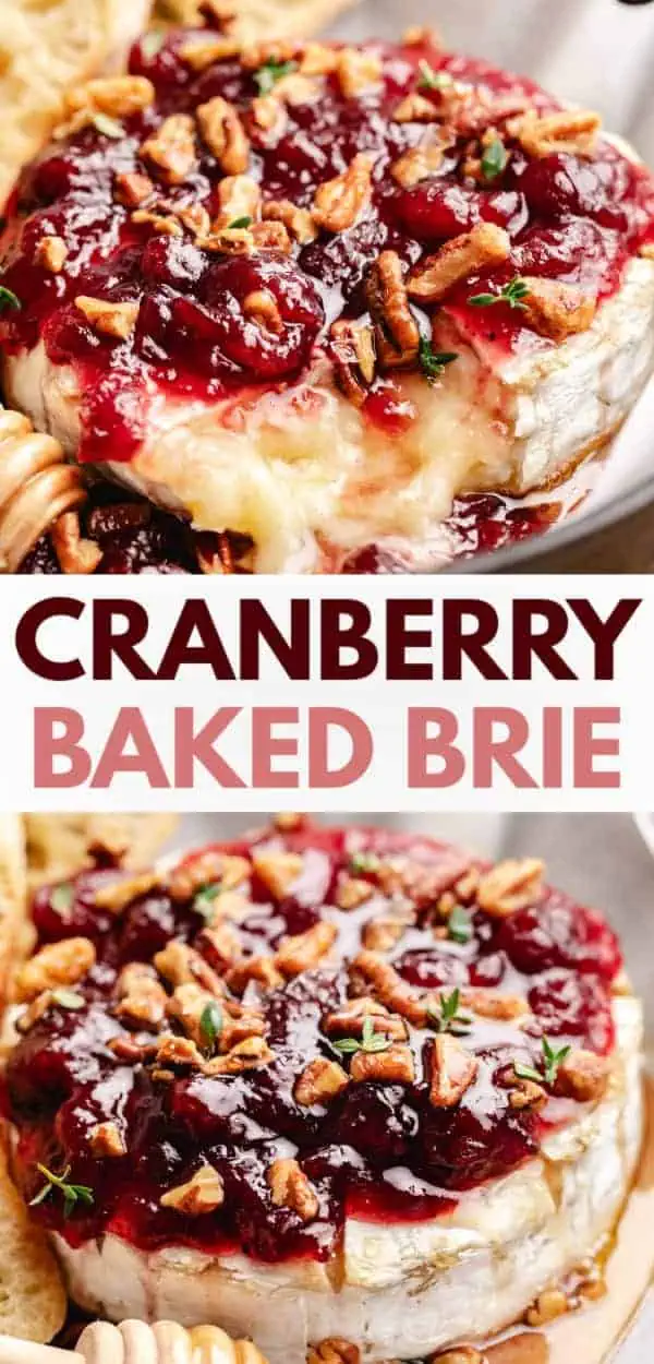 Two photos of baked brie topped with cranberry in a collage.