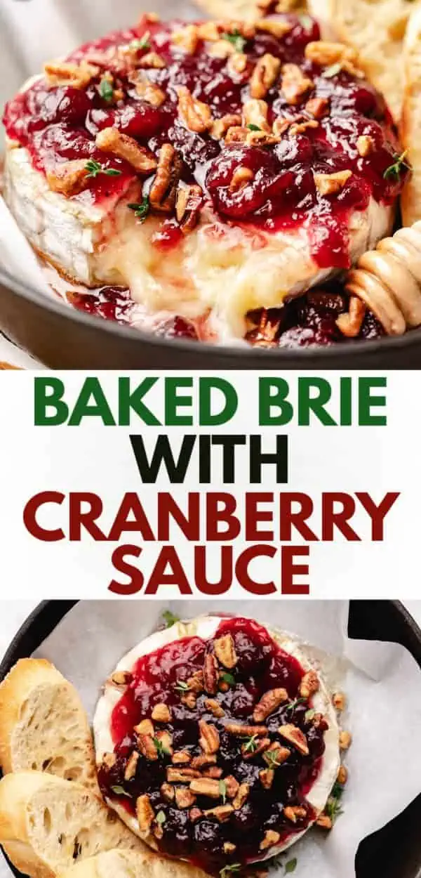 Collage showing two photos of cranberry baked brie.