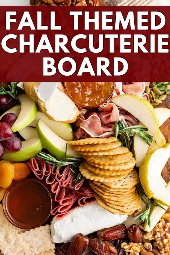 Ingredients for a fall snack board arranged on a wooden board.