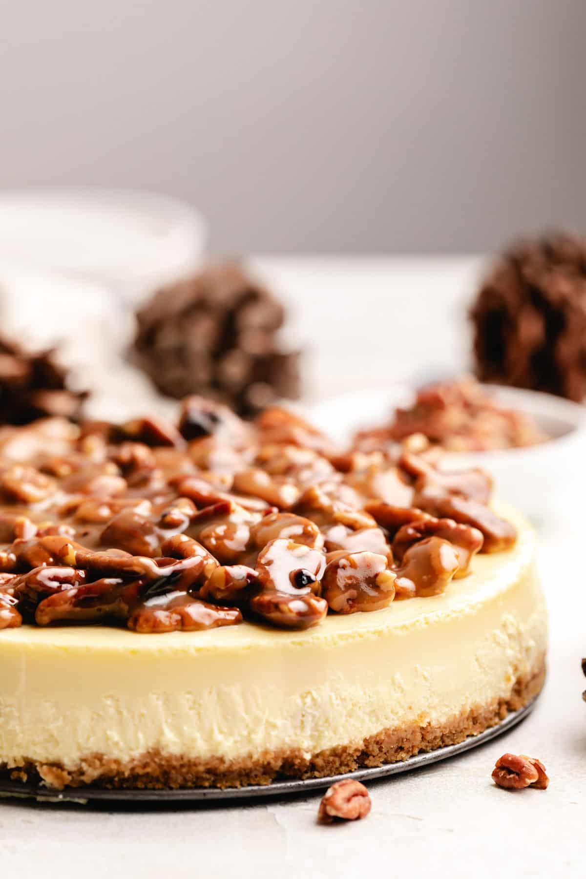 Side view of a pecan cheesecake on a pan.