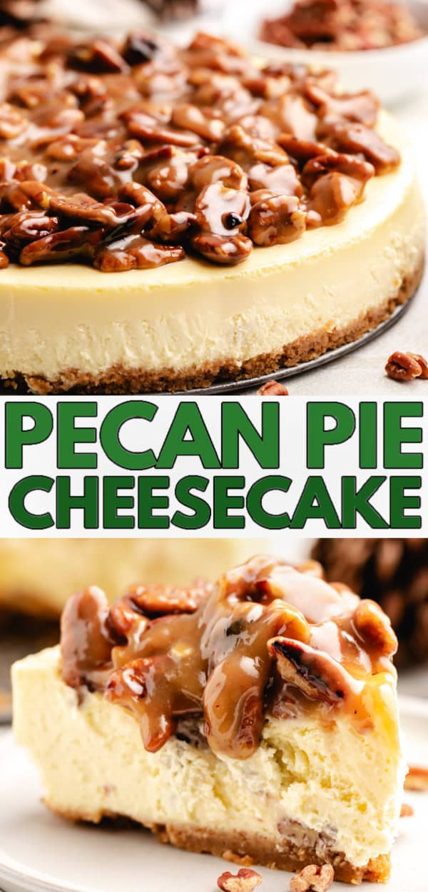 Collage showing 2 photos of pecan cheesecake.