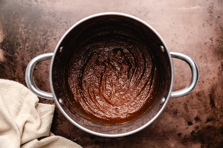 Pumpkin mixture in the bottom of pan.