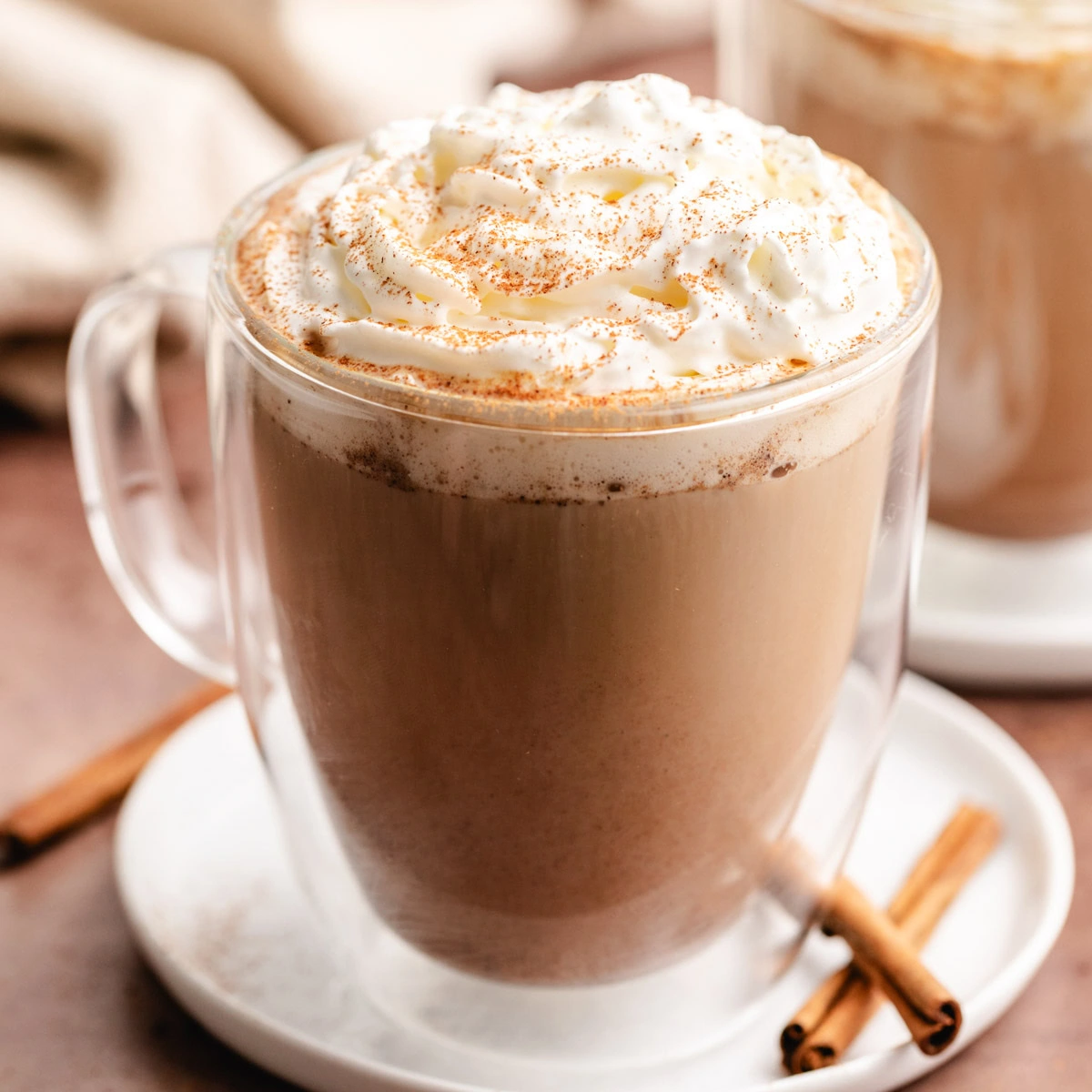 Whipped cream and cinnamon on top of a pumpkin spice latte.