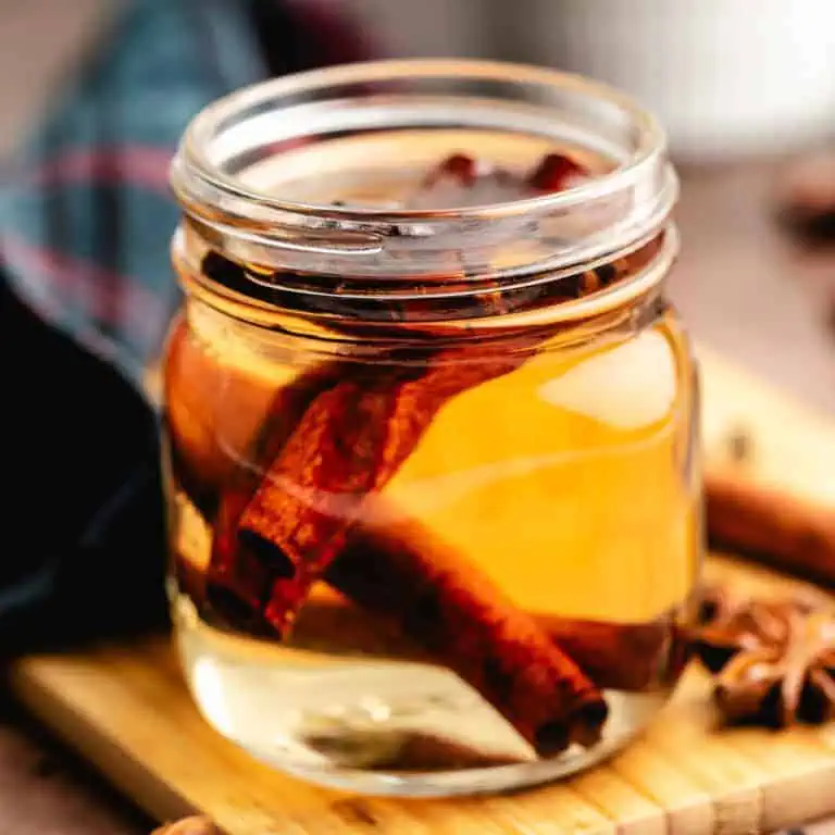 Close up view of a small jar of simple syrup with cinnamon.