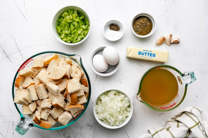 Ingredients needed for thanksgiving stuffing.