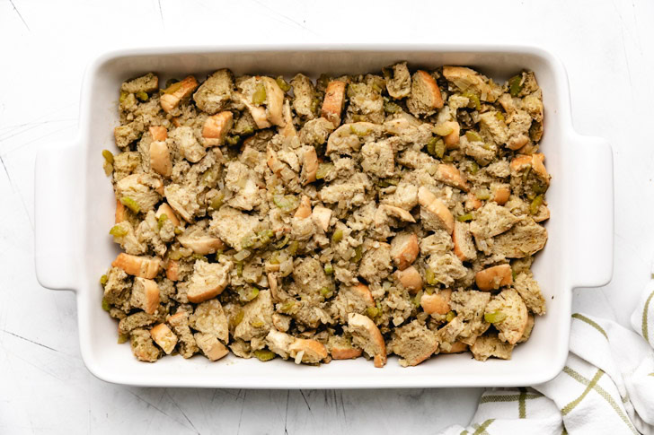 Unbaked stuffing in a pan.