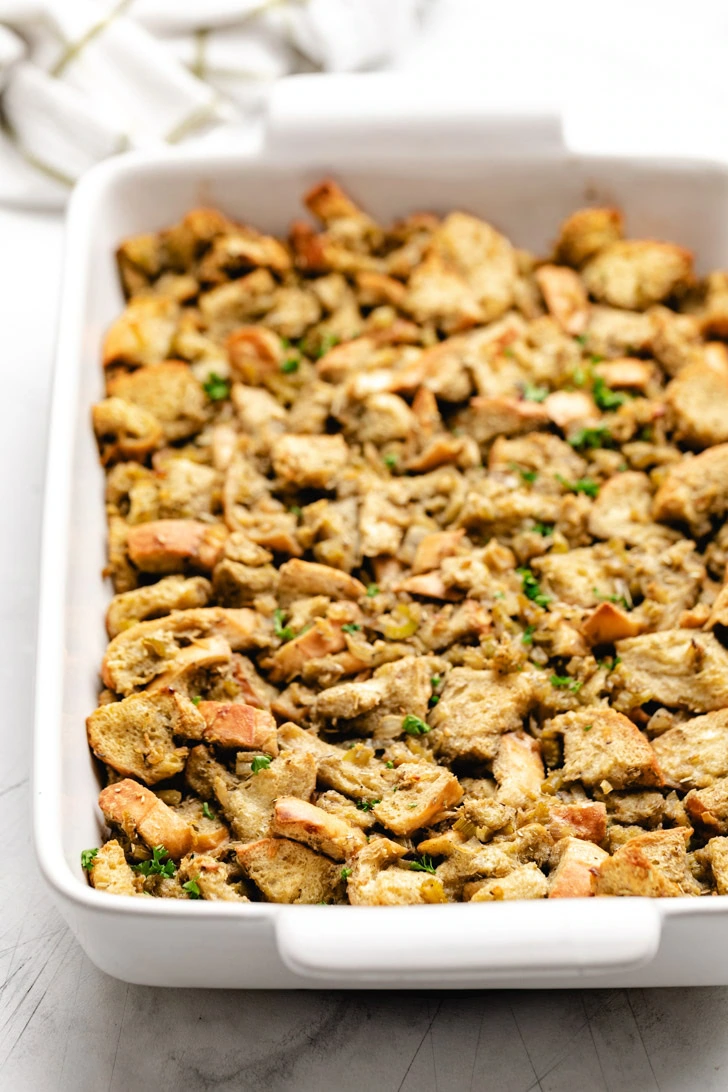 Side view of thanksgiving stuffing with herbs.