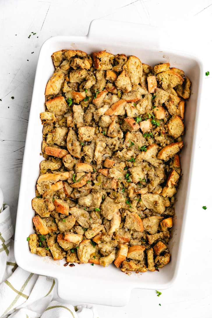 Thanksgiving stuffing in a baking pan.