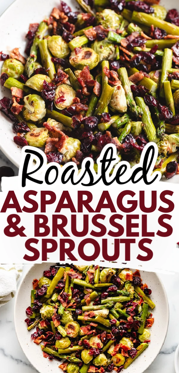 Collage showing two photos of brussels sprouts and asparagus.