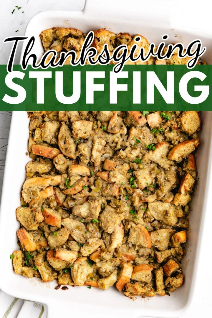 Overhead view of a pan of stuffing.