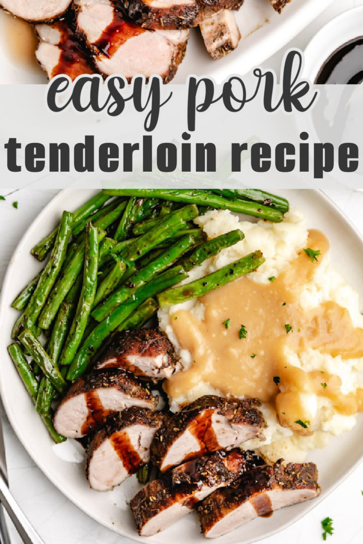 Overhead view of pork tenderloin, potatoes, and green beans on a plate.