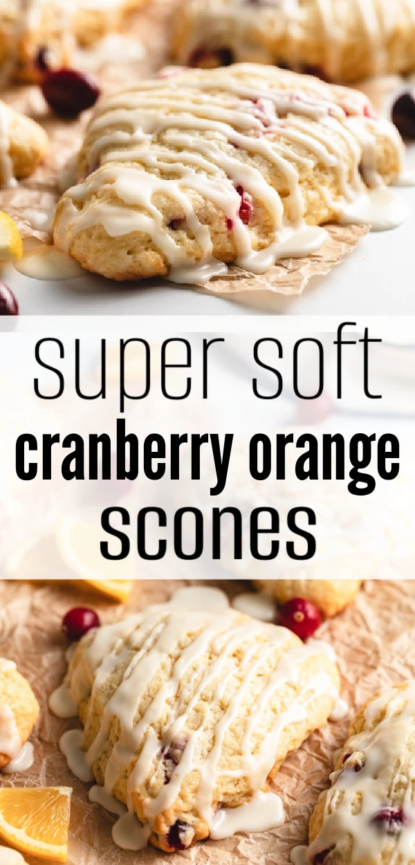 Stack of cranberry orange scones showing flaky layers and juicy cranberries.