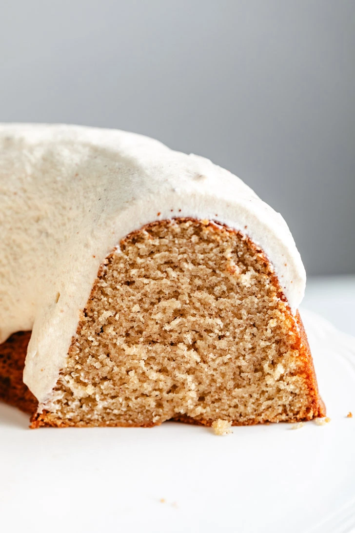 Close up view of bundt cake on a cake stand.