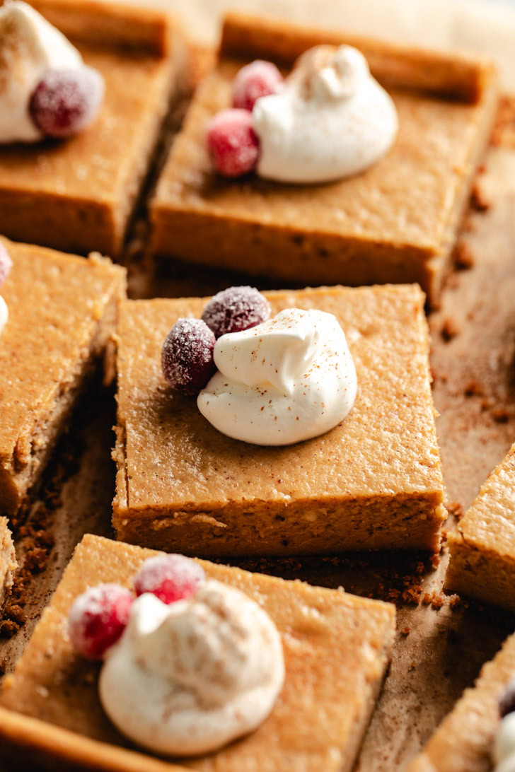 Close up view of gingerbread cheesecake bars with whipped cream.