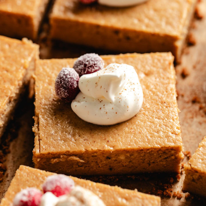 Close up view of gingerbread cheesecake bars with whipped cream.