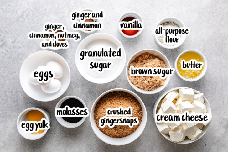 Ingredients needed for gingerbread cheesecake bars.