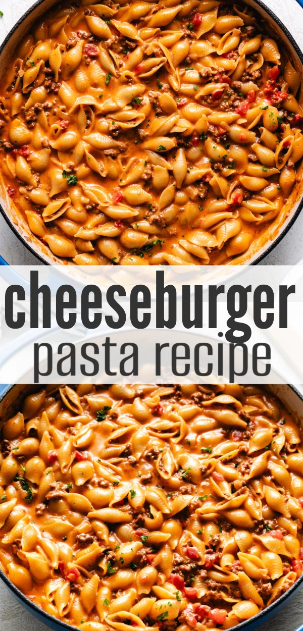 Collage showing two photos of cheesy ground beef pasta.