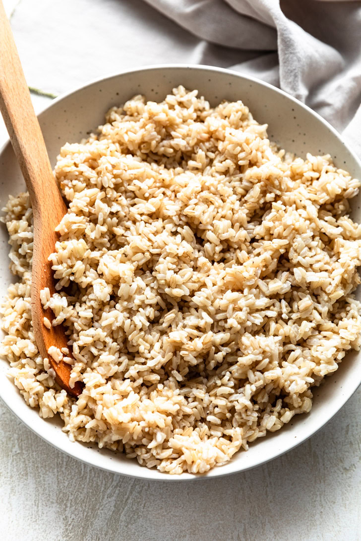 Instant Pot Brown Rice Overhead view of brown rice in a dish.