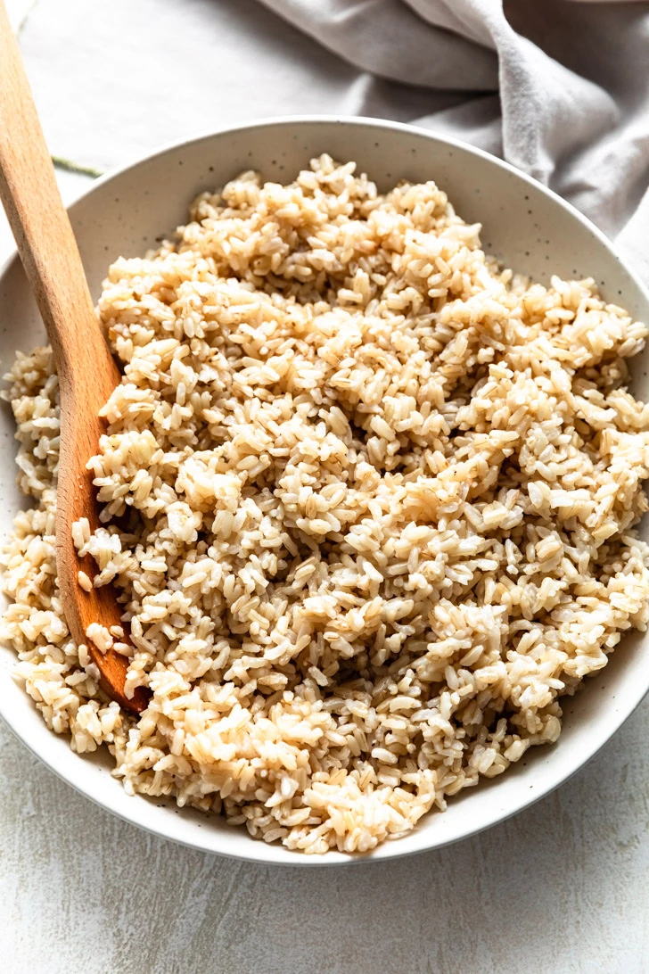 Overhead view of brown rice in a dish.