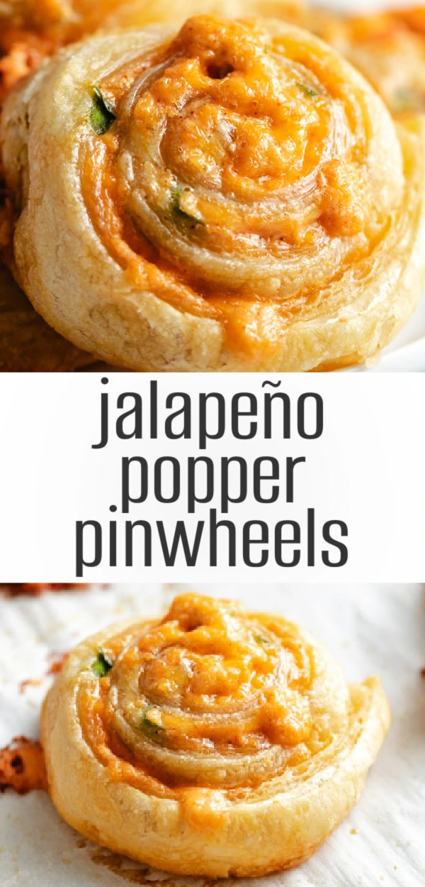 Collage showing two photos of jalapeño popper pinwheels.