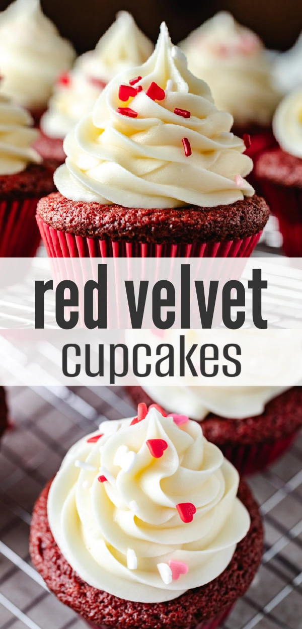 Collage showing two photos of red velvet cupcakes.