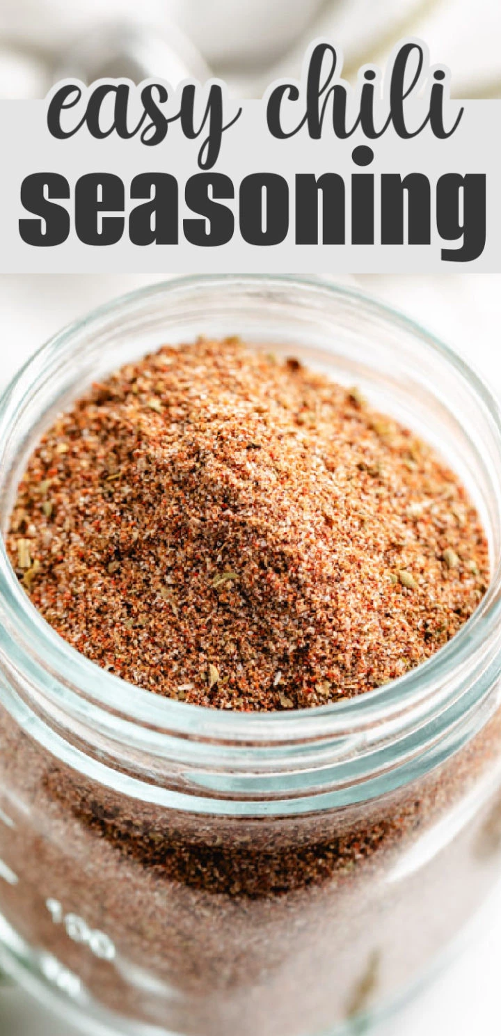 A pinterest-style image showing a jar of chili seasoning with text overlay.