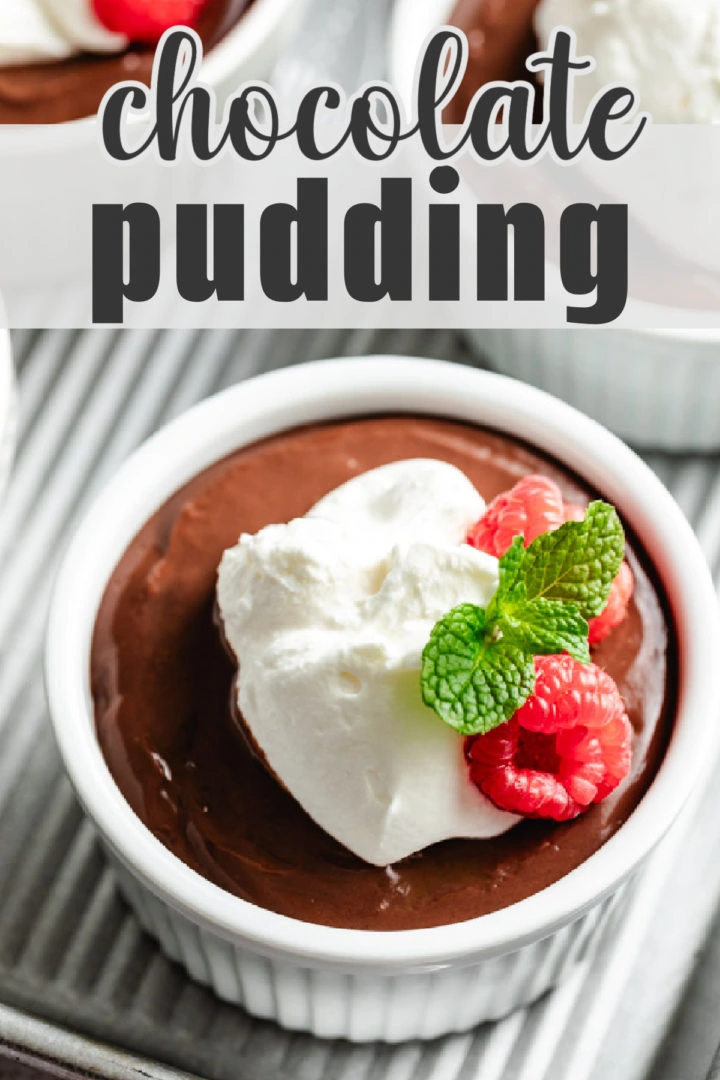 Homemade chocolate pudding served in a white ramekin with a dollop of whipped cream.