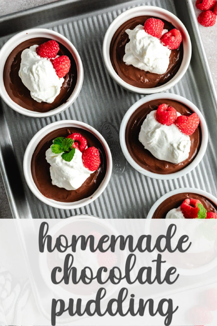 A close-up of homemade pudding topped with whipped cream, fresh raspberries, and mint.