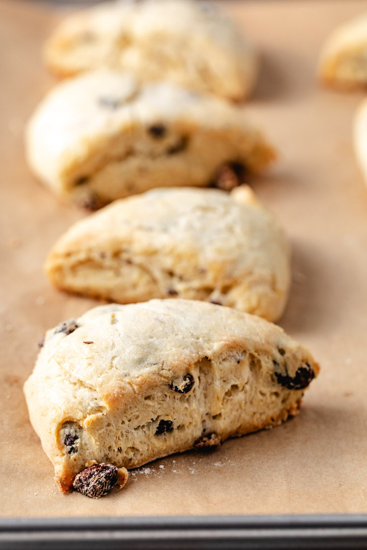 Close-up of a golden scone with visible raisins.