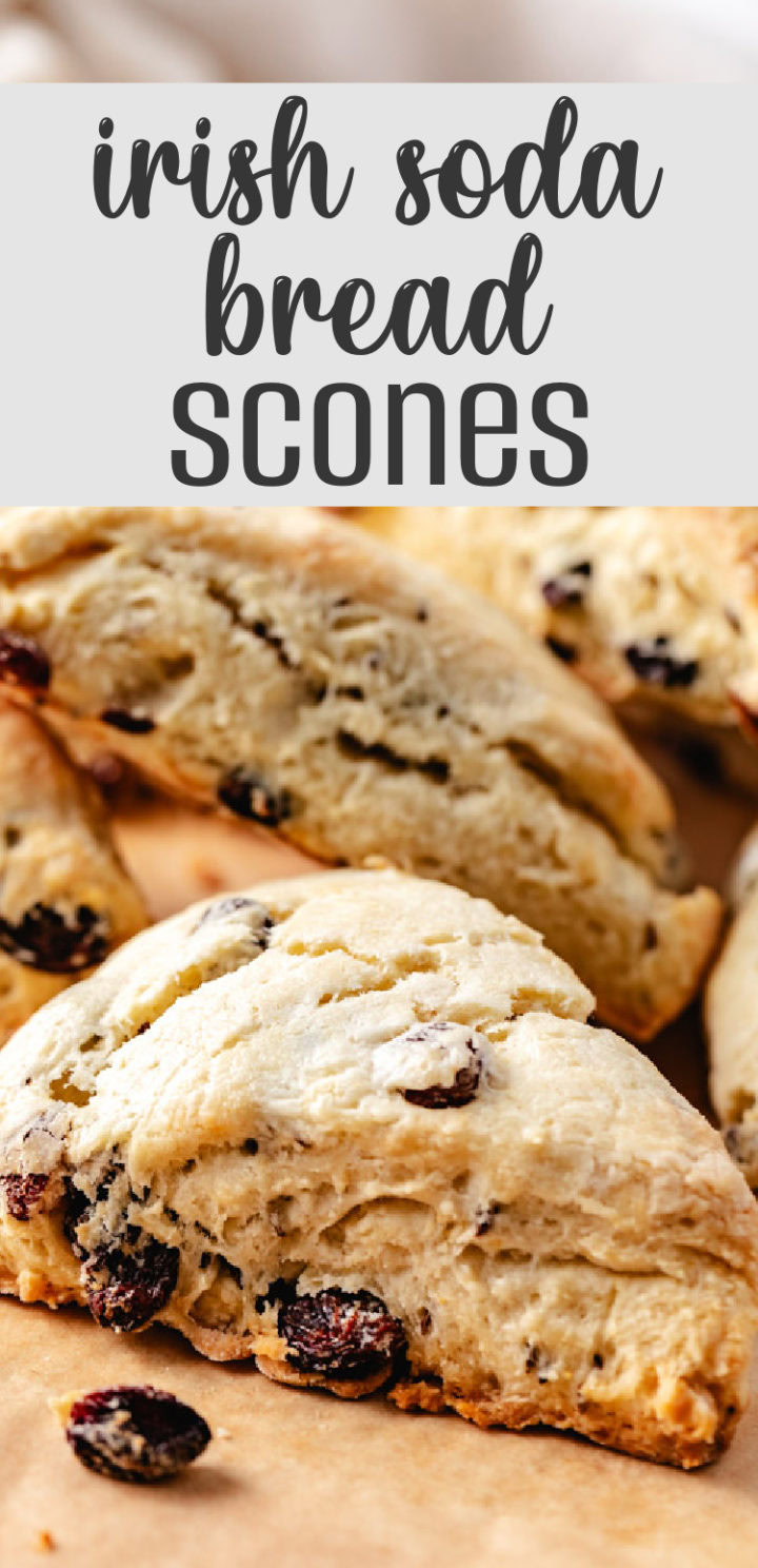 Close-up of freshly baked irish soda bread scones with raisins.