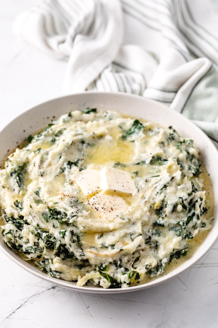 Creamy mashed potatoes mixed with kale and leeks.