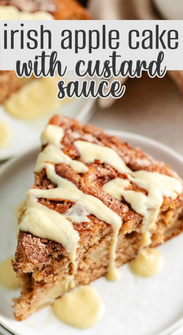 A pinterest graphic featuring a close-up of irish apple cake drizzled with custard and text overlay.