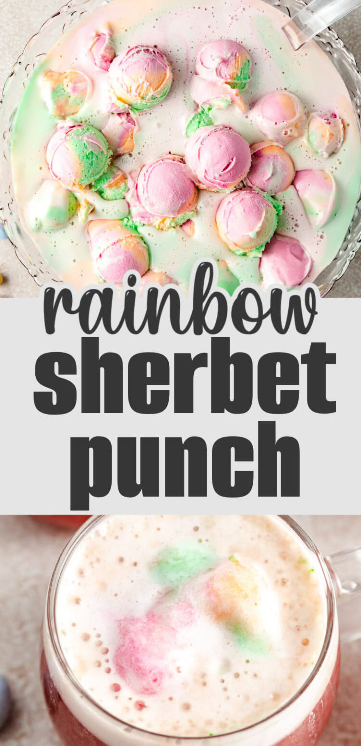 Close-up of a punch bowl with rainbow sherbet floating on top.