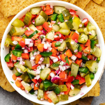 Pickle De Gallo Close up view of pickle de gallo in a white bowl.