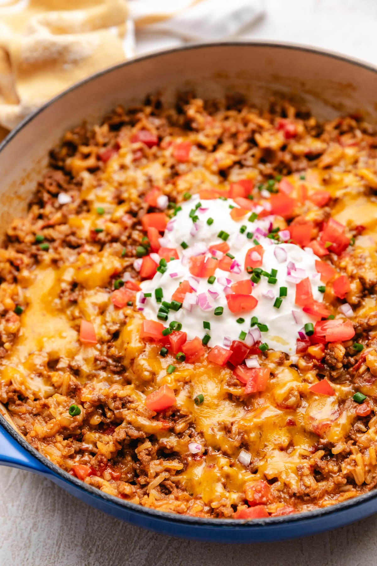 One Pot Taco Rice Ground beef and rice with melted cheese.