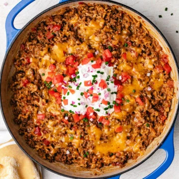 One Pot Taco Rice Overhead view of cheesy taco rice.